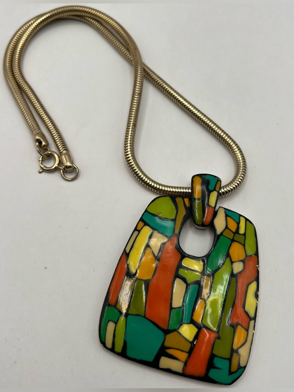 Eisenberg 60s/70s Modernist Enamel Pendant Necklace on Gold Tone Snake Chain - Picture 2 of 7